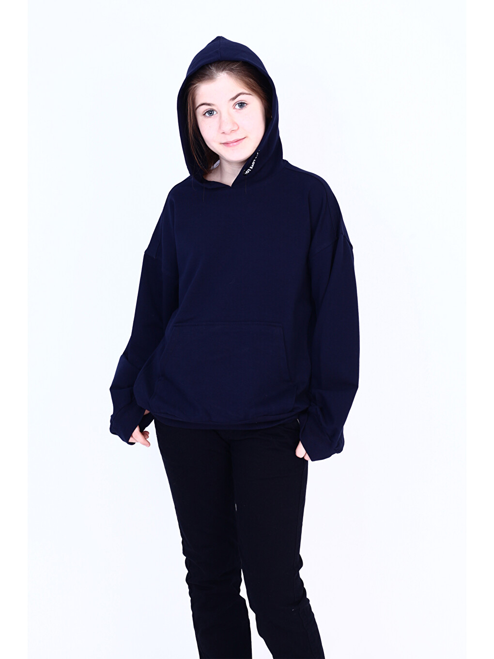Lacivert Kız Çocuk Kanguru Cepli Sweatshirt