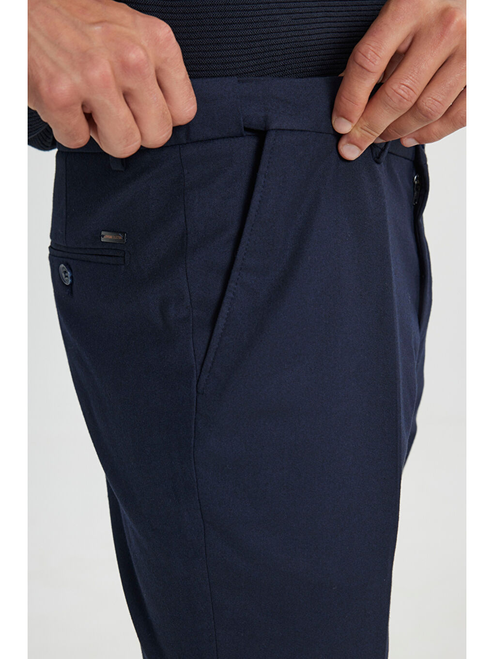 Erkek Lacivert Yünlü Flanel Slim Fit Dar Kesim Beli Gizli Lastikli Yan Cep Klasik Pantolon-4