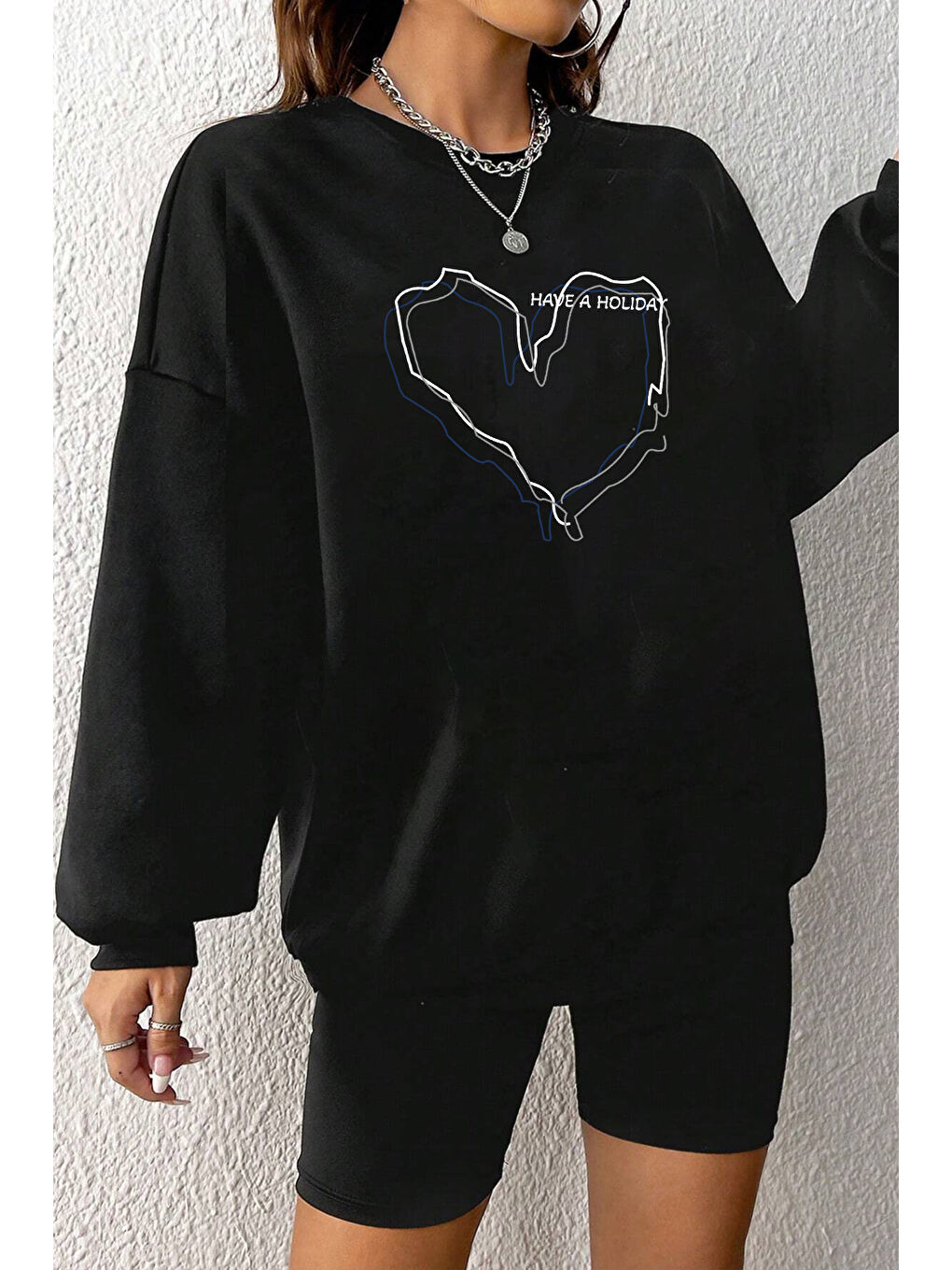 Siyah Unisex Holiday Baskılı Bisiklet Yaka Sweatshirt-1