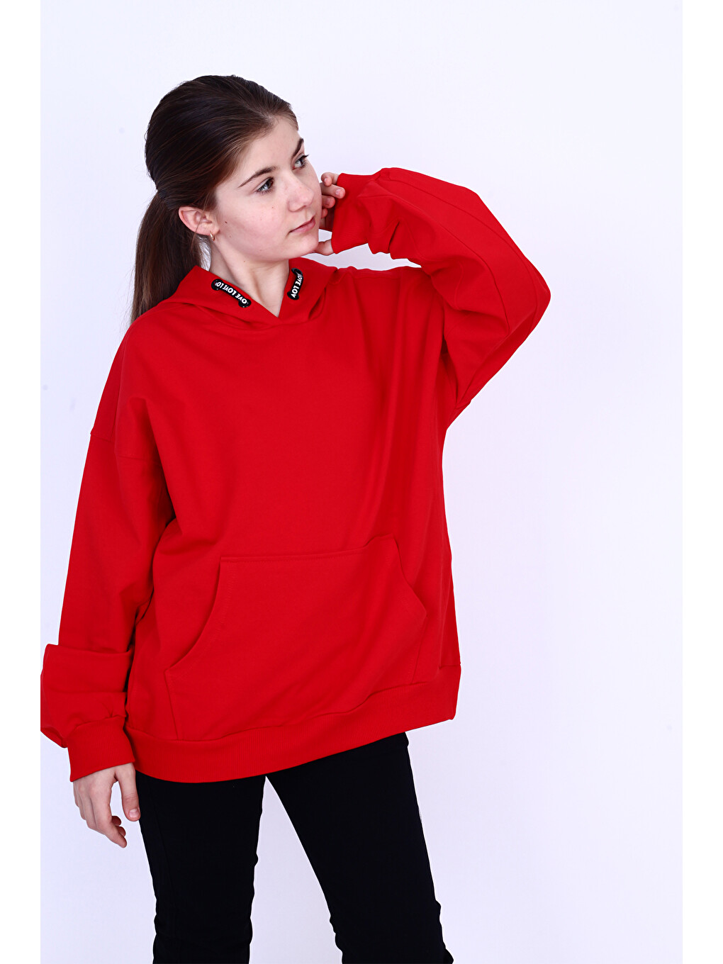 Kırmızı Kız Çocuk Kanguru Cepli Sweatshirt