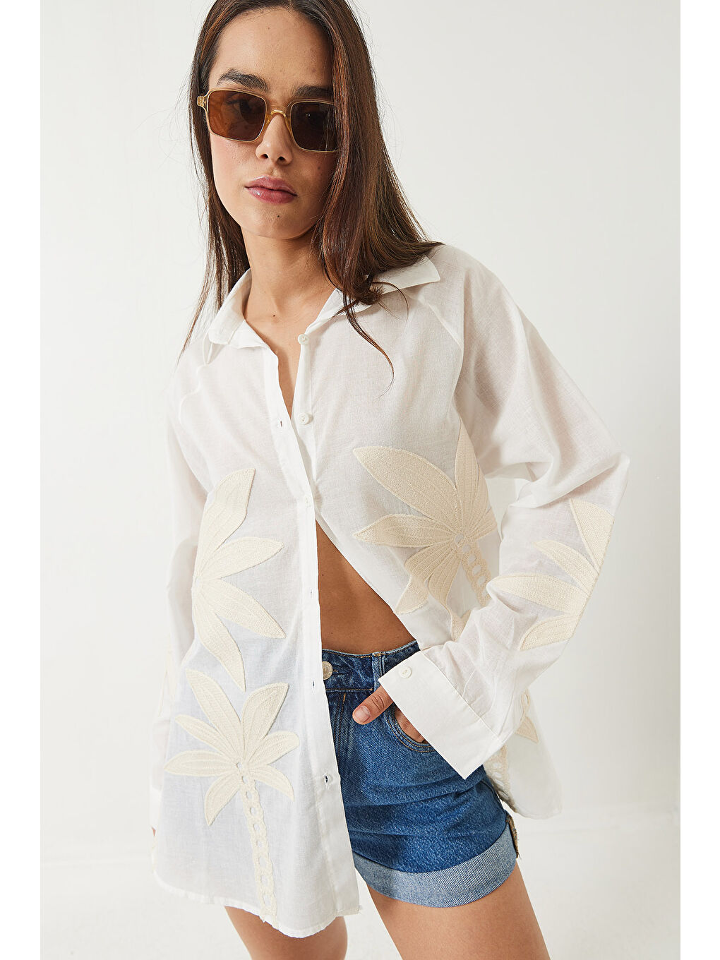 Ekru Kadın Palmiye İşlemeli Uzun Kollu Keten Gömlek-2