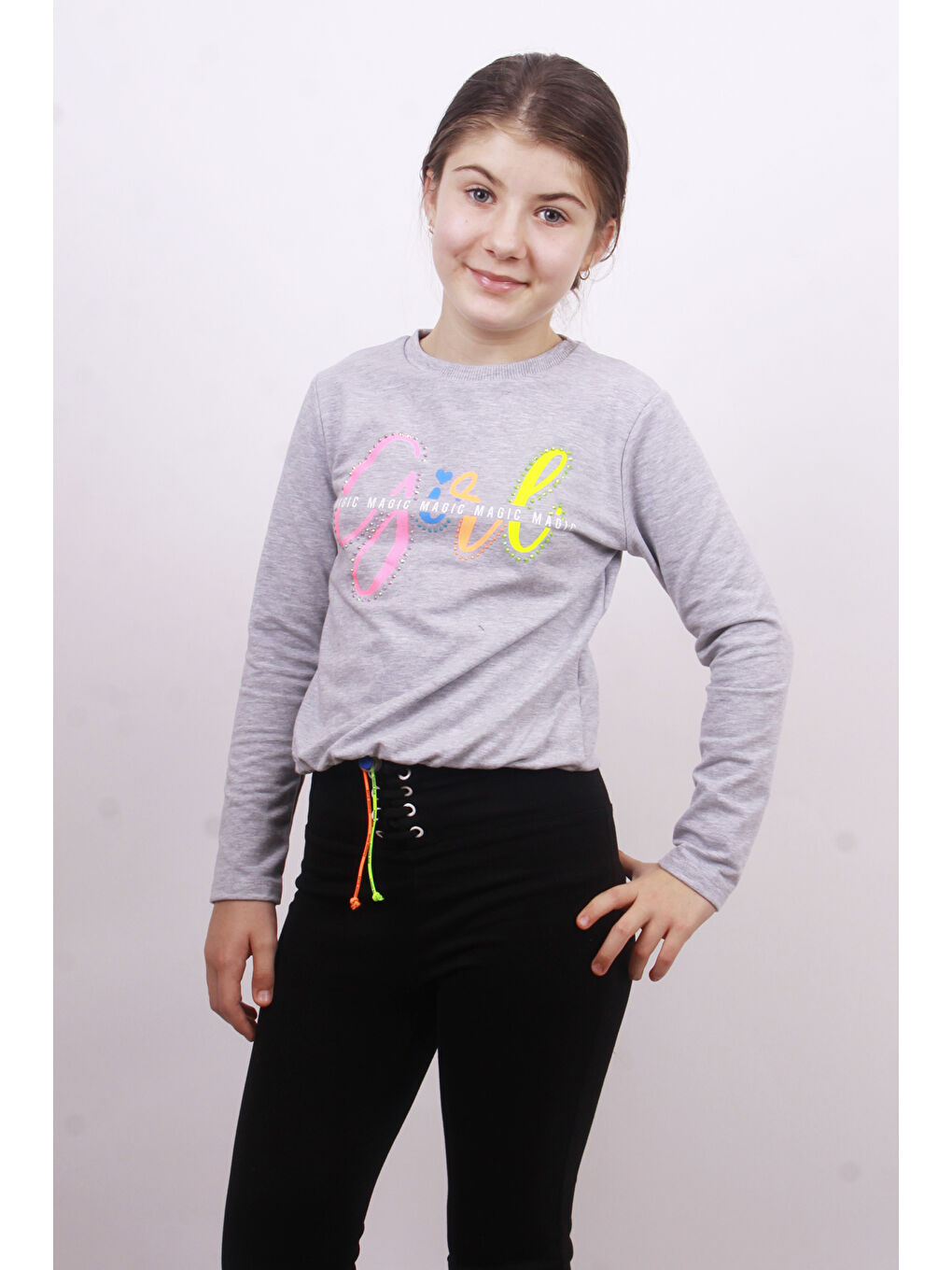 Gri Kız Çocuk Girl Baskılı Sweatshirt