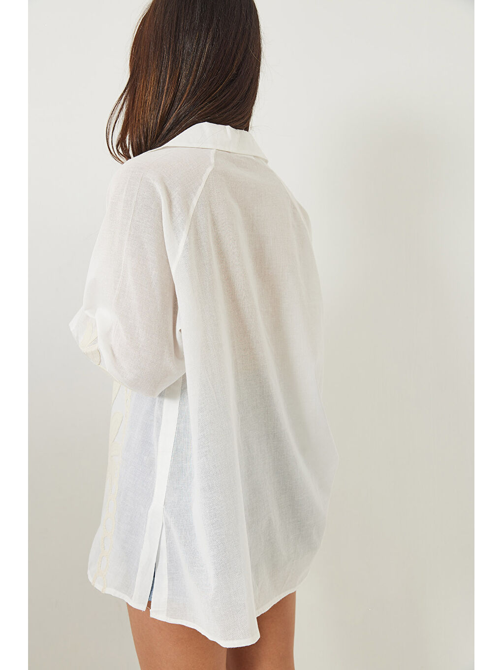 Ekru Kadın Palmiye İşlemeli Uzun Kollu Keten Gömlek-6