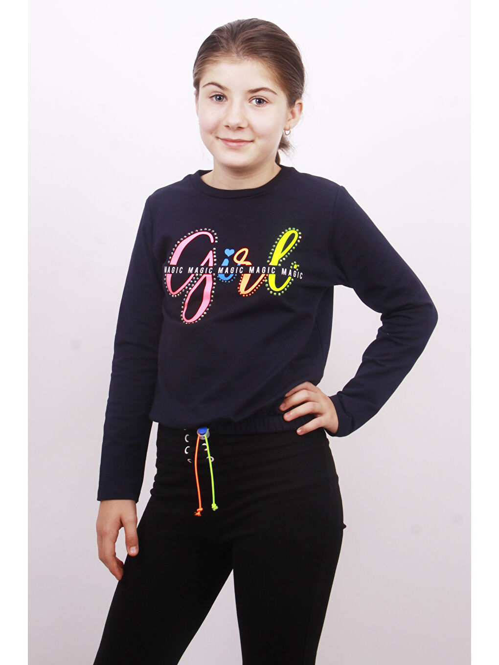 Lacivert Kız Çocuk Girl Baskılı Sweatshirt