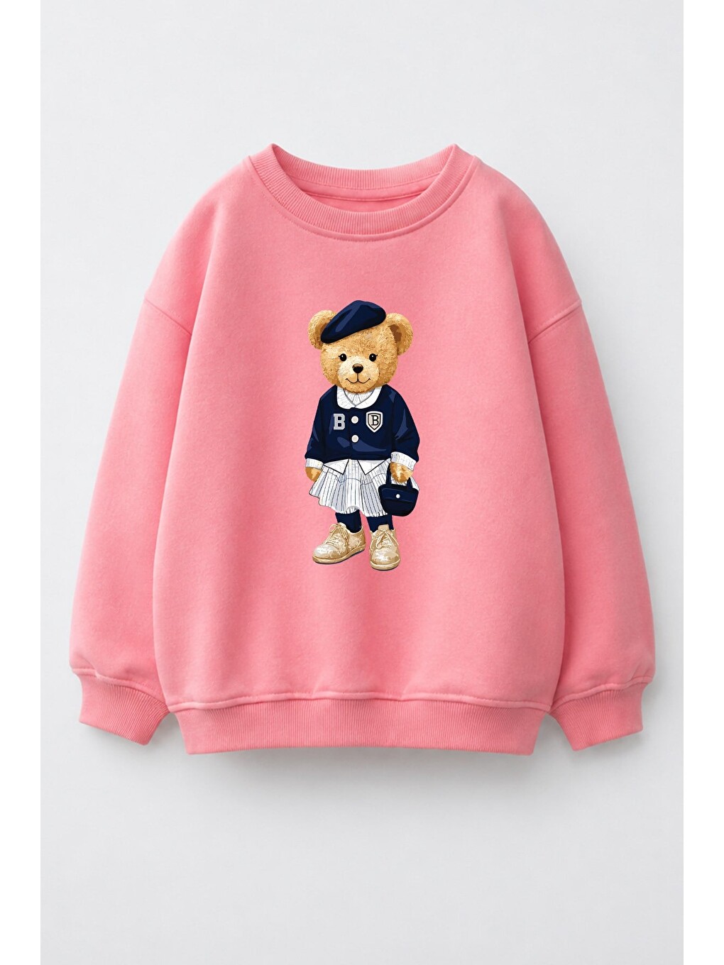 Pembe Kız Çocuk 3 İplik Kumaş Pamuklu Ayıcık Baskılı Sweatshirt