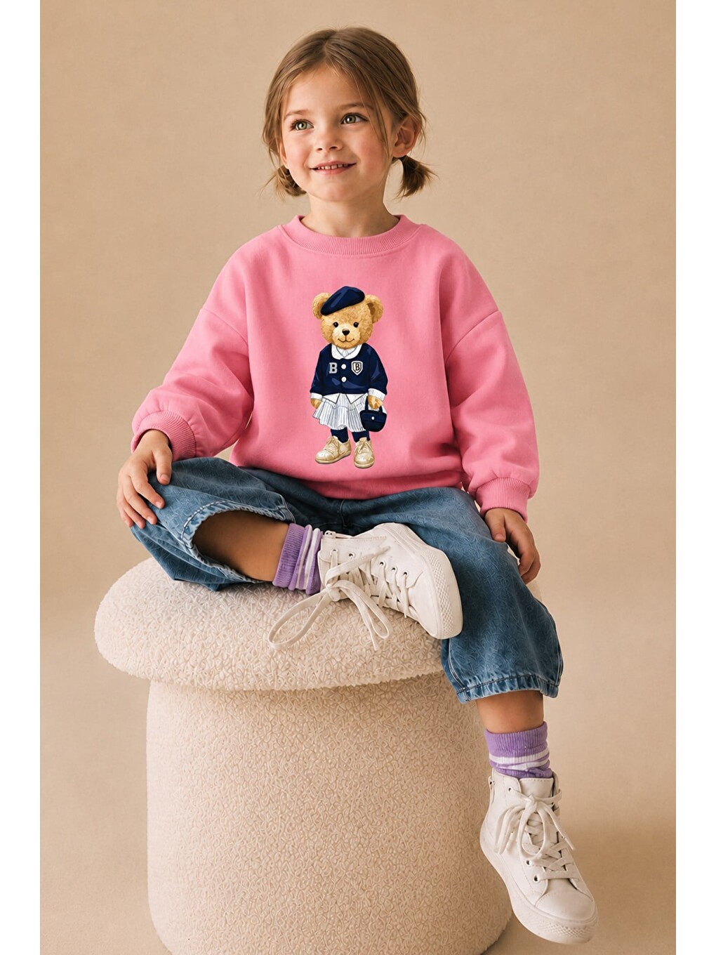 Pembe Kız Çocuk 3 İplik Kumaş Pamuklu Ayıcık Baskılı Sweatshirt-1