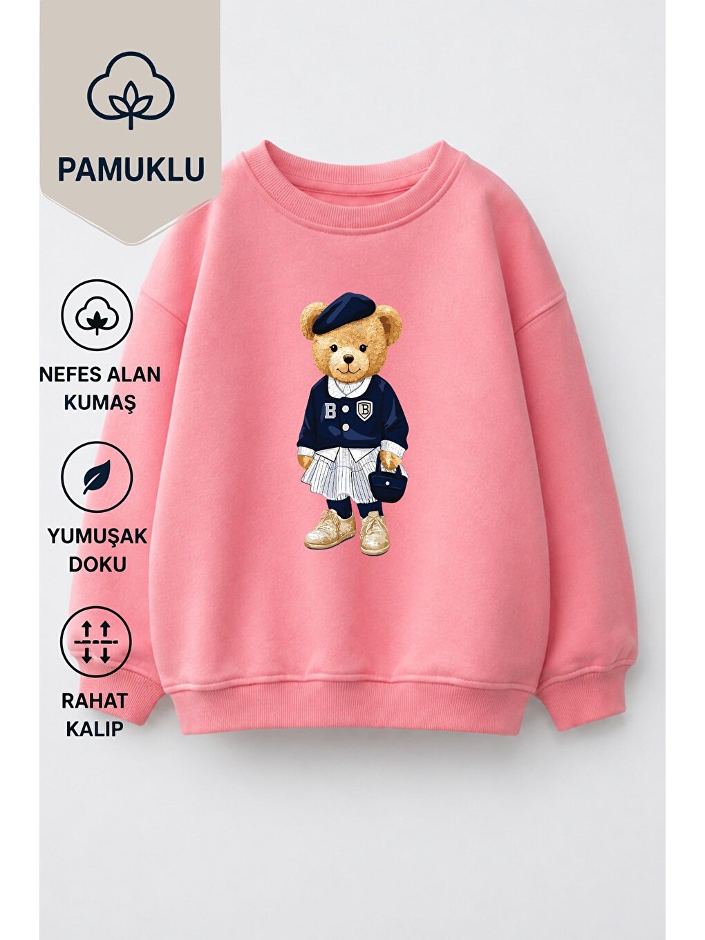 Pembe Kız Çocuk 3 İplik Kumaş Pamuklu Ayıcık Baskılı Sweatshirt-2