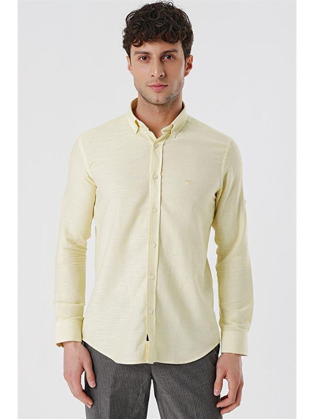 Sarı Kısalabilir Kollu Gabardin Cepsiz %100 Pamuk Casual Slim Fit Dar Kesim Gömlek 1004230180