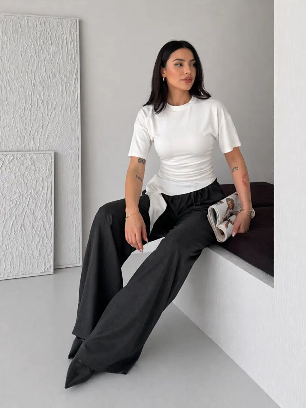 Beyaz Asimetrik Drapeli Modern Basic Bluz-1