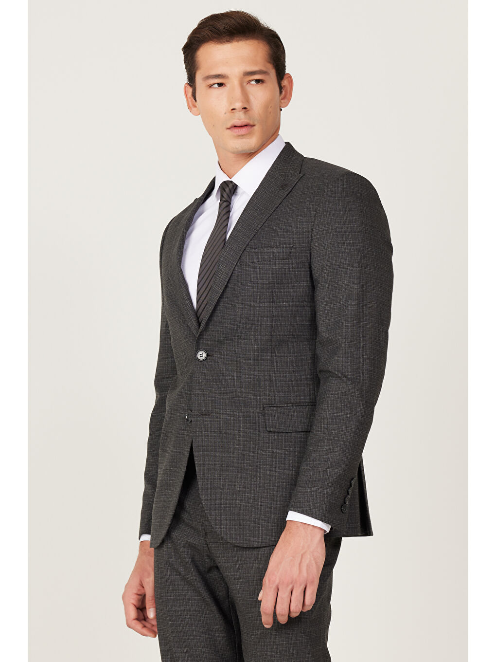 Erkek Antrasit Ekstra Slim Fit Dar Kesim Kırlangıç Yaka Desenli Takım Elbise-4