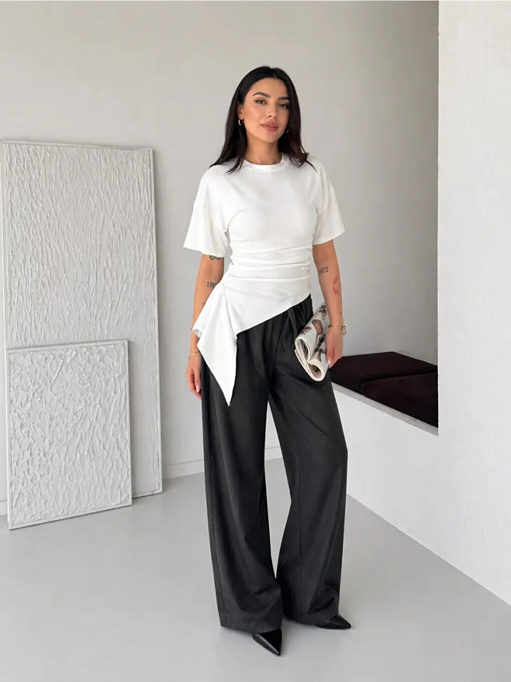 Beyaz Asimetrik Drapeli Modern Basic Bluz-2
