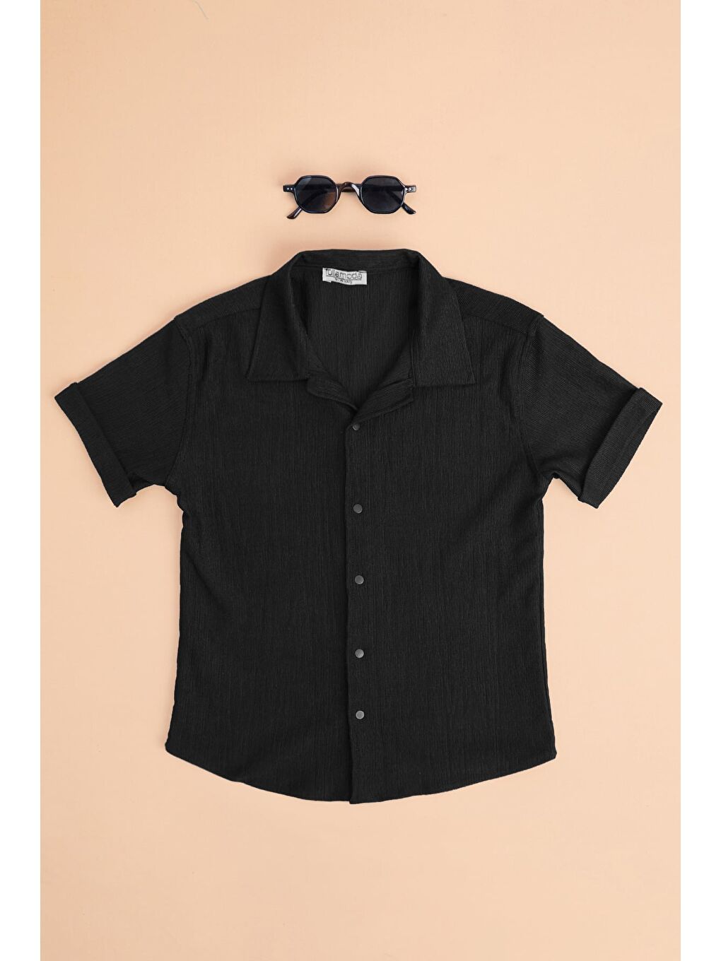 Siyah Kolu Katlamalı Düğmeli Erkek Çocuk Gömlek