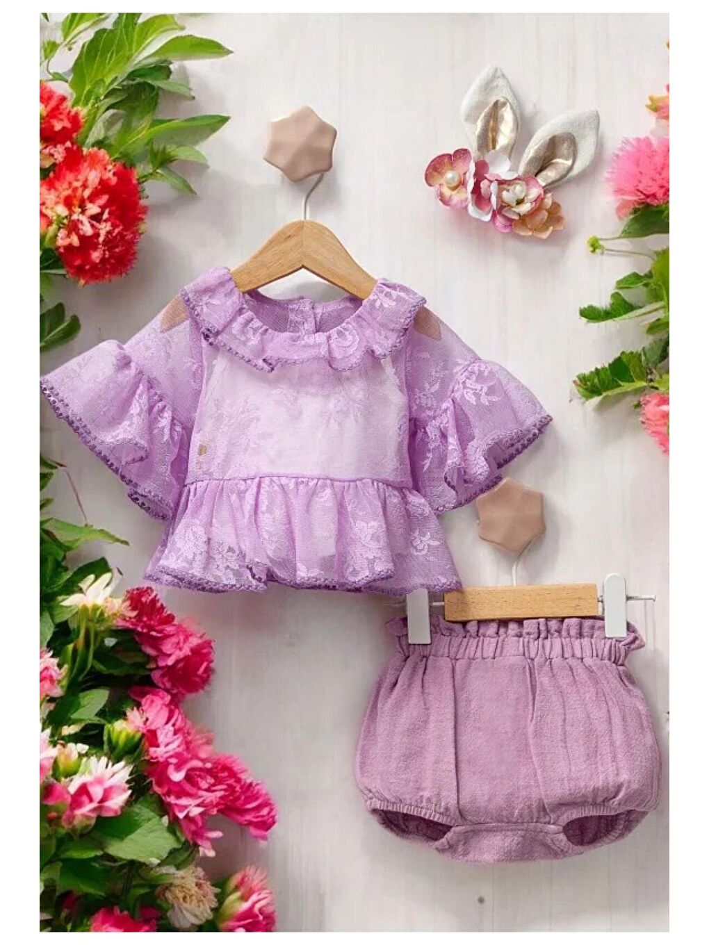 Cantoy Mor Kız Bebek Tül Detaylı Şortlu Taçlı 3'Lü Takım
