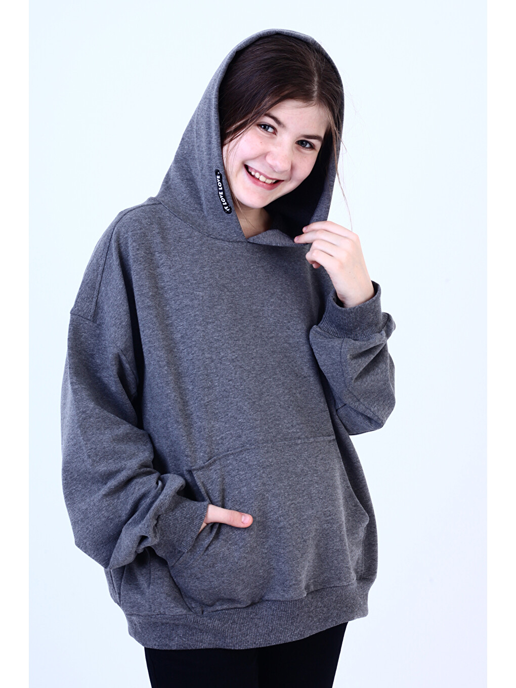 Antrasit Kız Çocuk Kanguru Cepli Sweatshirt