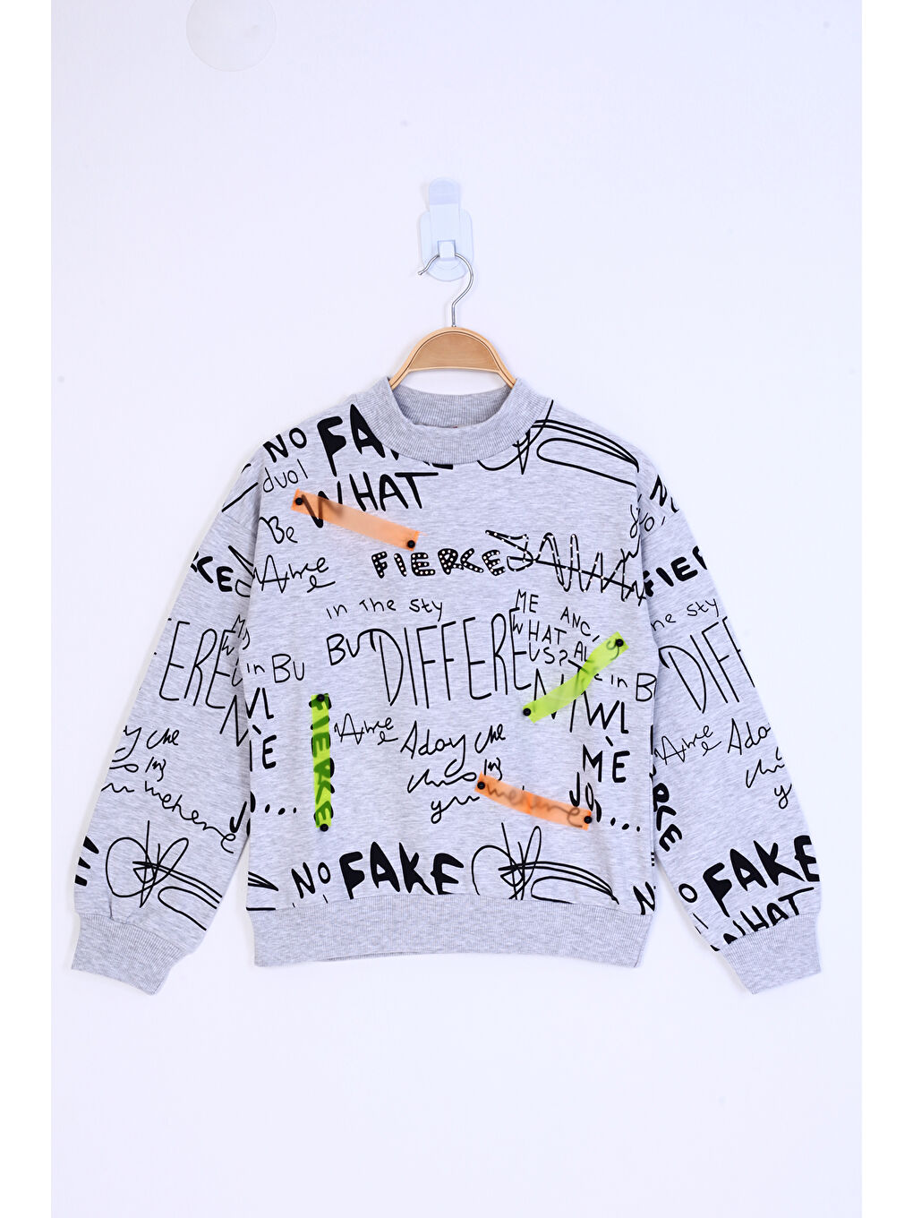 Gri Kız Çocuk Neon Şerit Detaylı Baskılı Sweatshirt-1