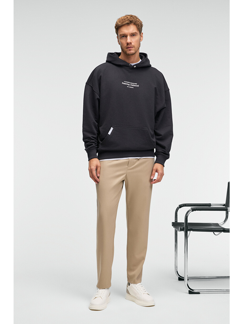 Clay Erkek %100 Pamuk Kapüşonlu Çıtçıtlı Baskılı Cebi Süs Etiketli Antrasit Sweatshirt-1