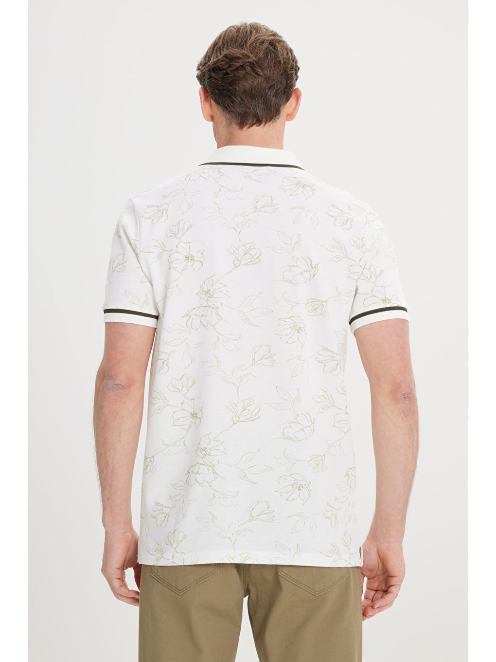 Erkek Beyaz-Haki Slim Fit Dar Kesim %100 Pamuk Çiçek Baskılı Polo Yaka Tişört-3