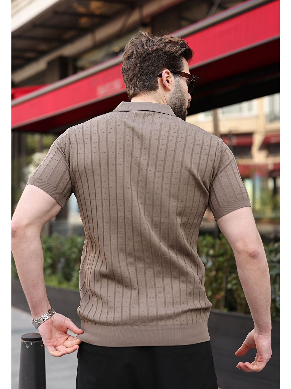 Açık Kahverengi Polo Yaka Slim Fit Triko Erkek Tişört E7465-1