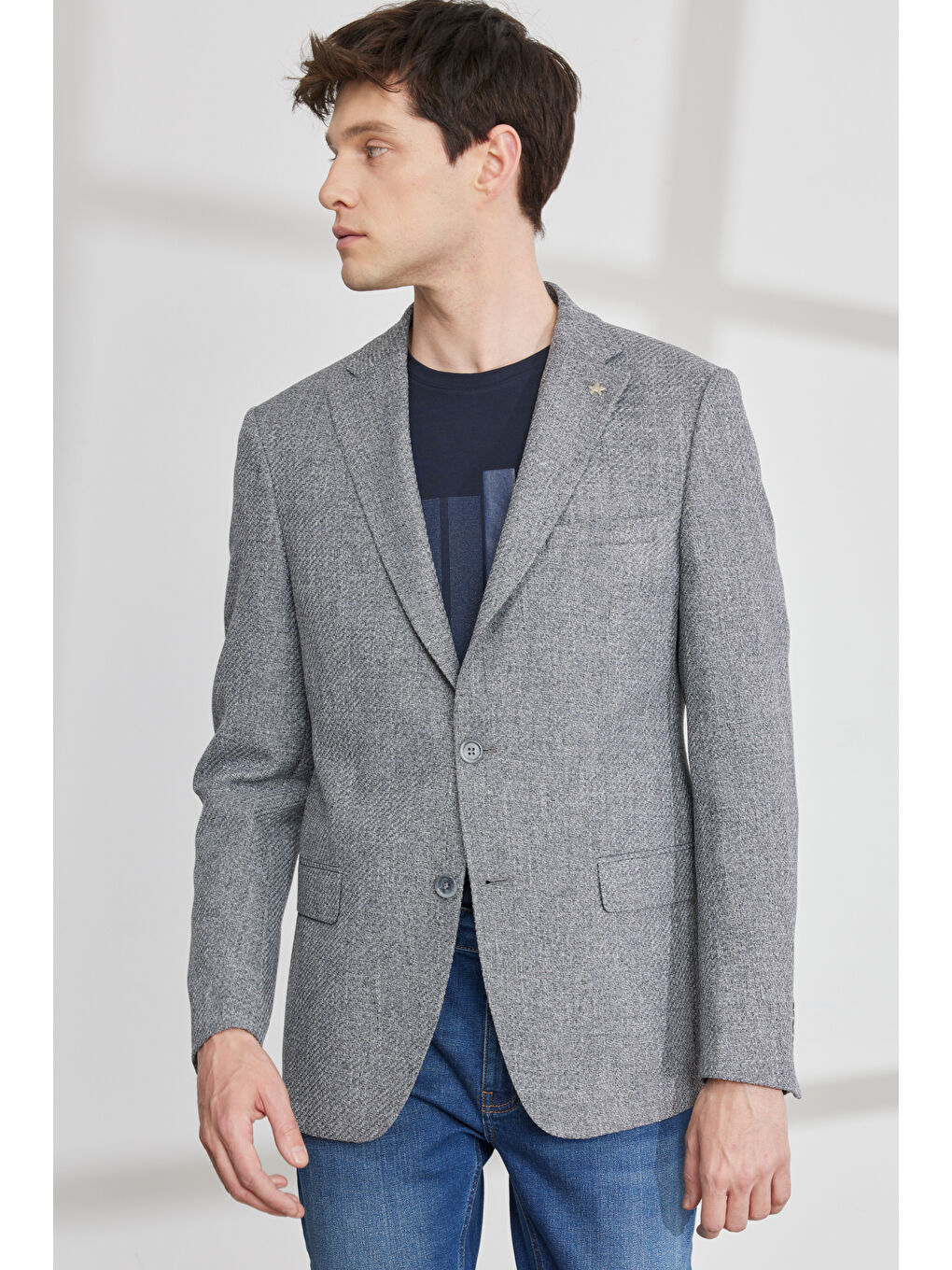 Erkek Gri Slim Fit Dar Kesim Mono Yaka Armürlü Ceket
