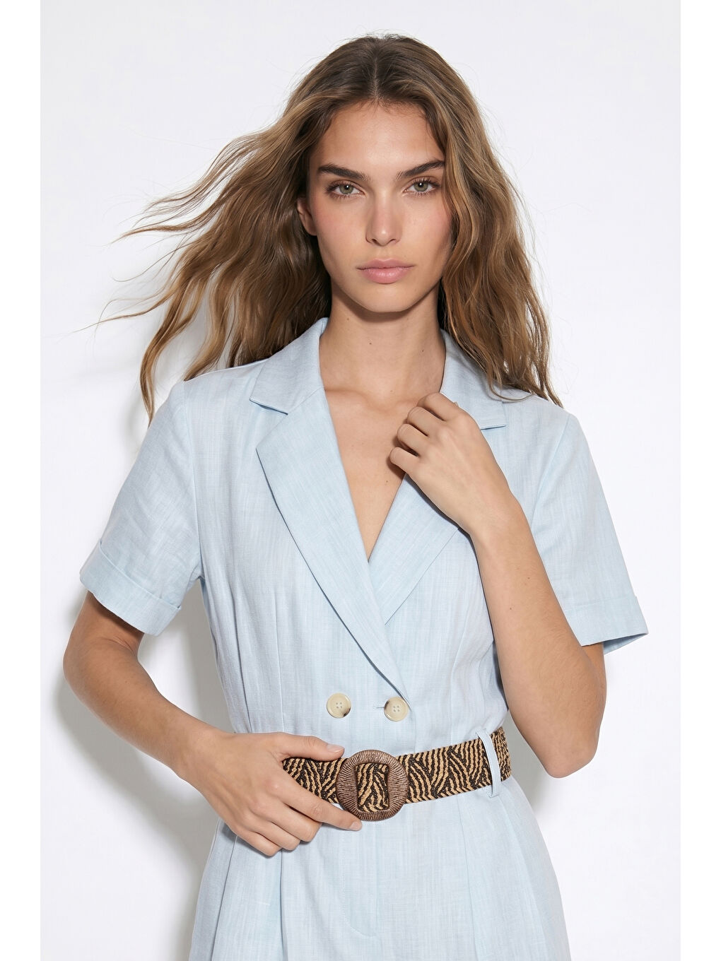 Kemerli Ceket Yaka Mini Şort Tulum Mavi-1