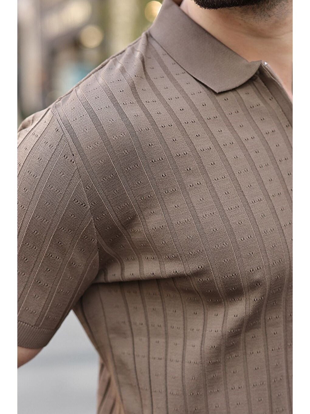 Açık Kahverengi Polo Yaka Slim Fit Triko Erkek Tişört E7465-2