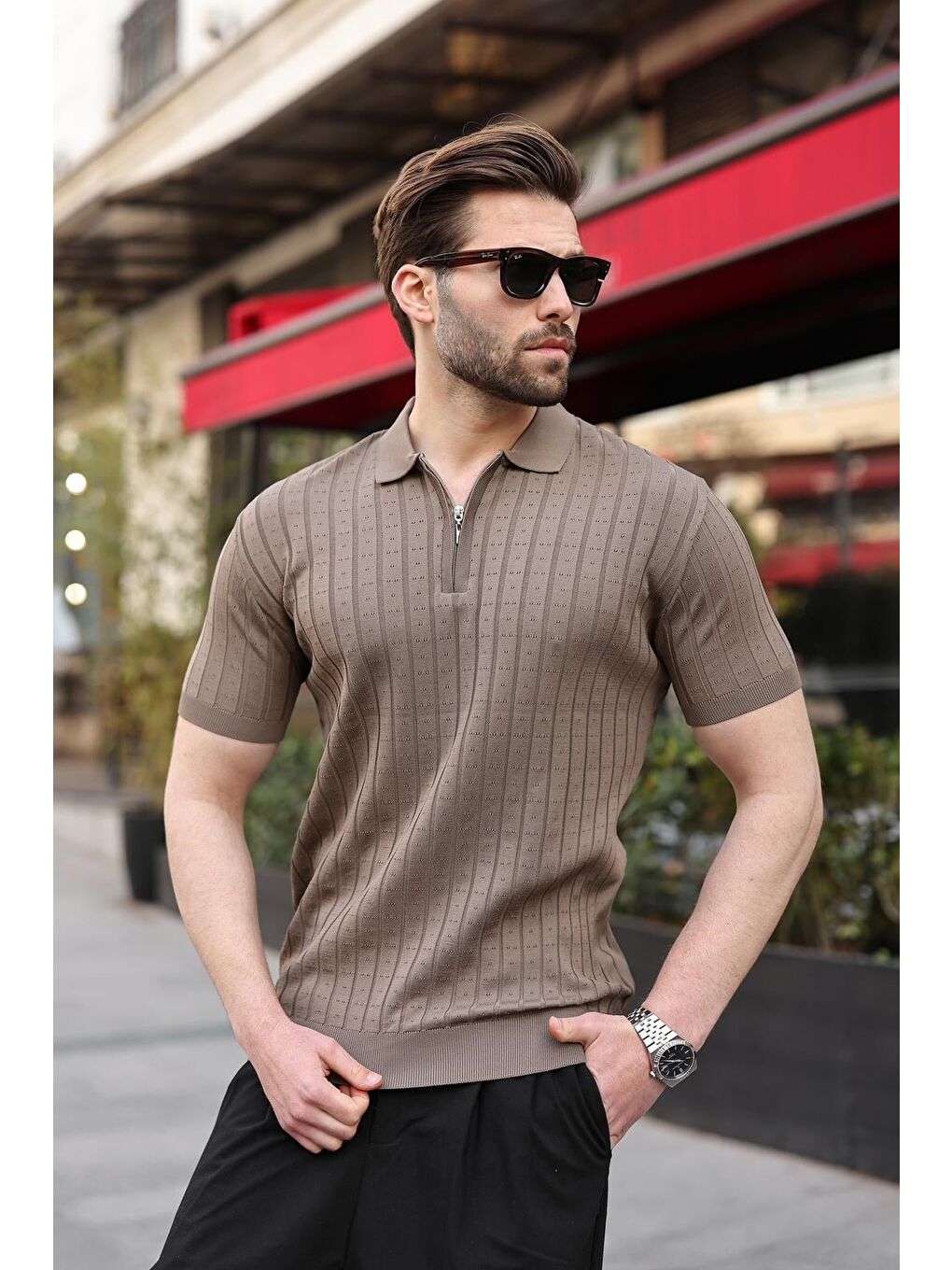 Açık Kahverengi Polo Yaka Slim Fit Triko Erkek Tişört E7465-3