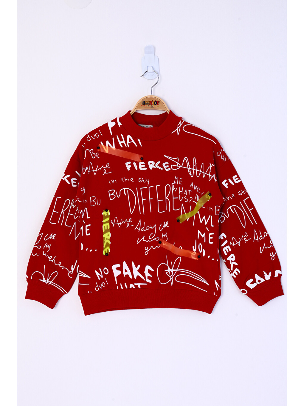 Kırmızı Kız Çocuk Neon Şerit Detaylı Baskılı Sweatshirt