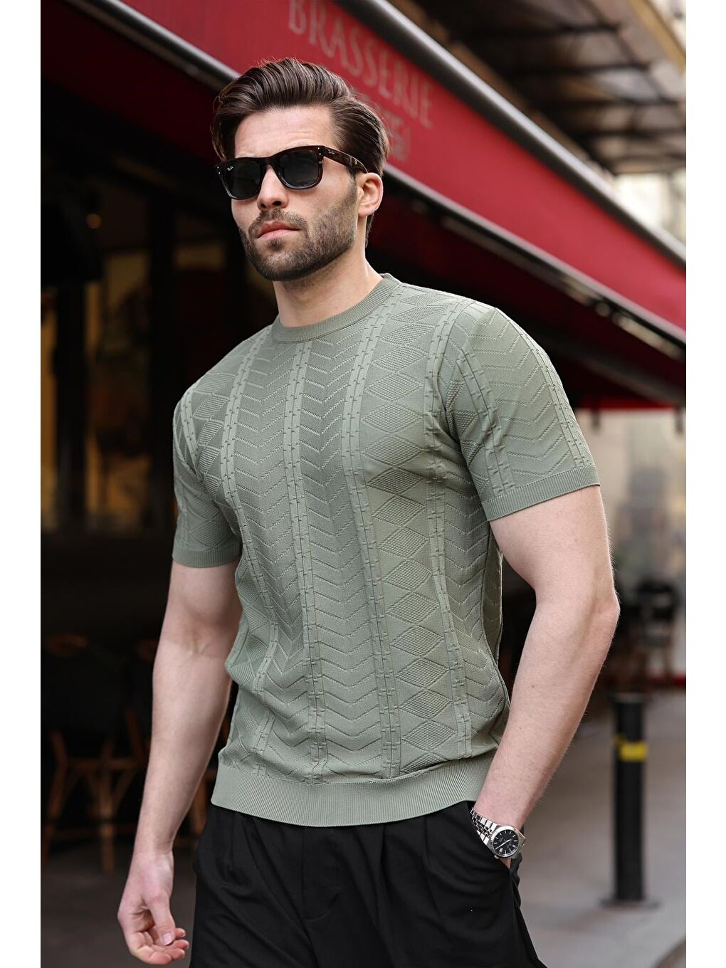 Haki Bisiklet Yaka Slim Fit Triko Erkek Tişört E7466