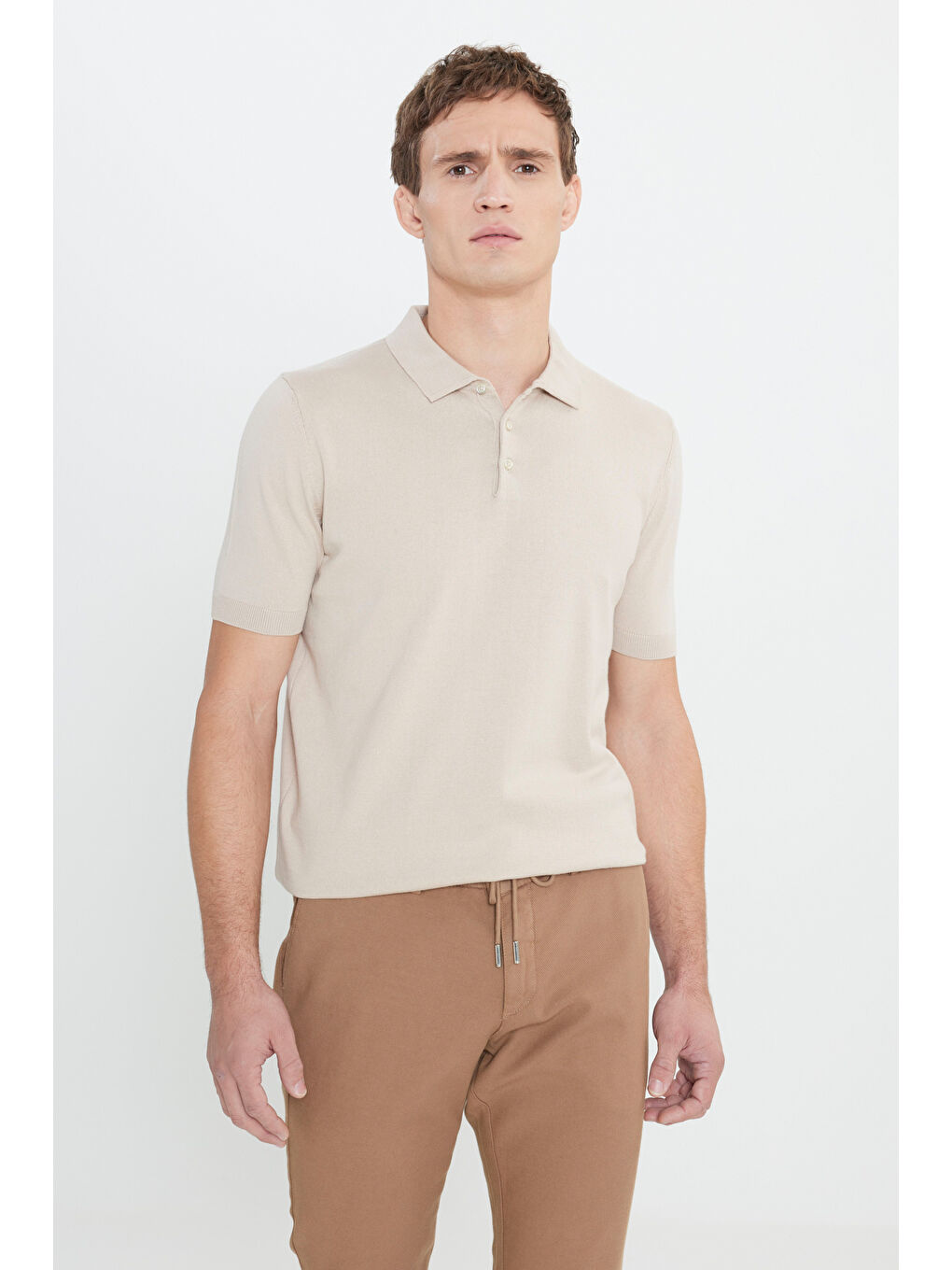 Erkek Bej Standart Fit Normal Kesim %100 Pamuk Polo Yaka Triko Tişört