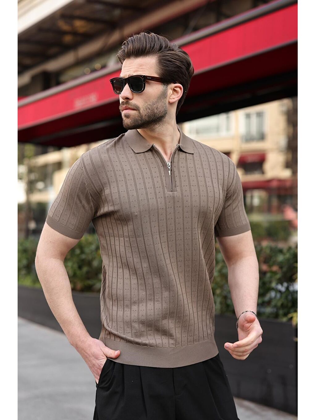 Açık Kahverengi Polo Yaka Slim Fit Triko Erkek Tişört E7465-4