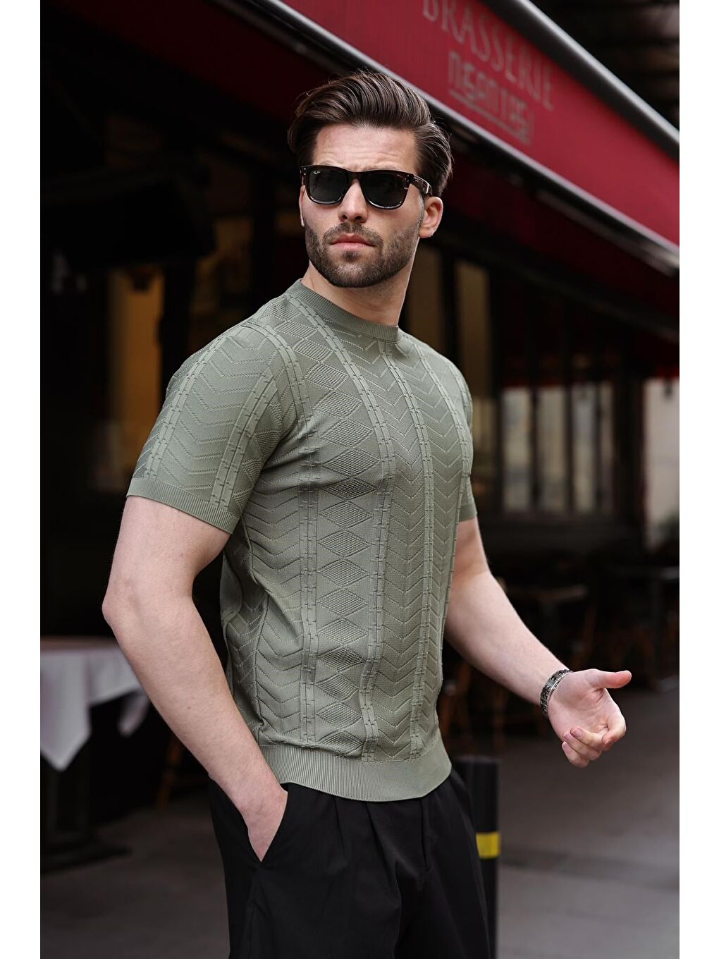 Haki Bisiklet Yaka Slim Fit Triko Erkek Tişört E7466-1