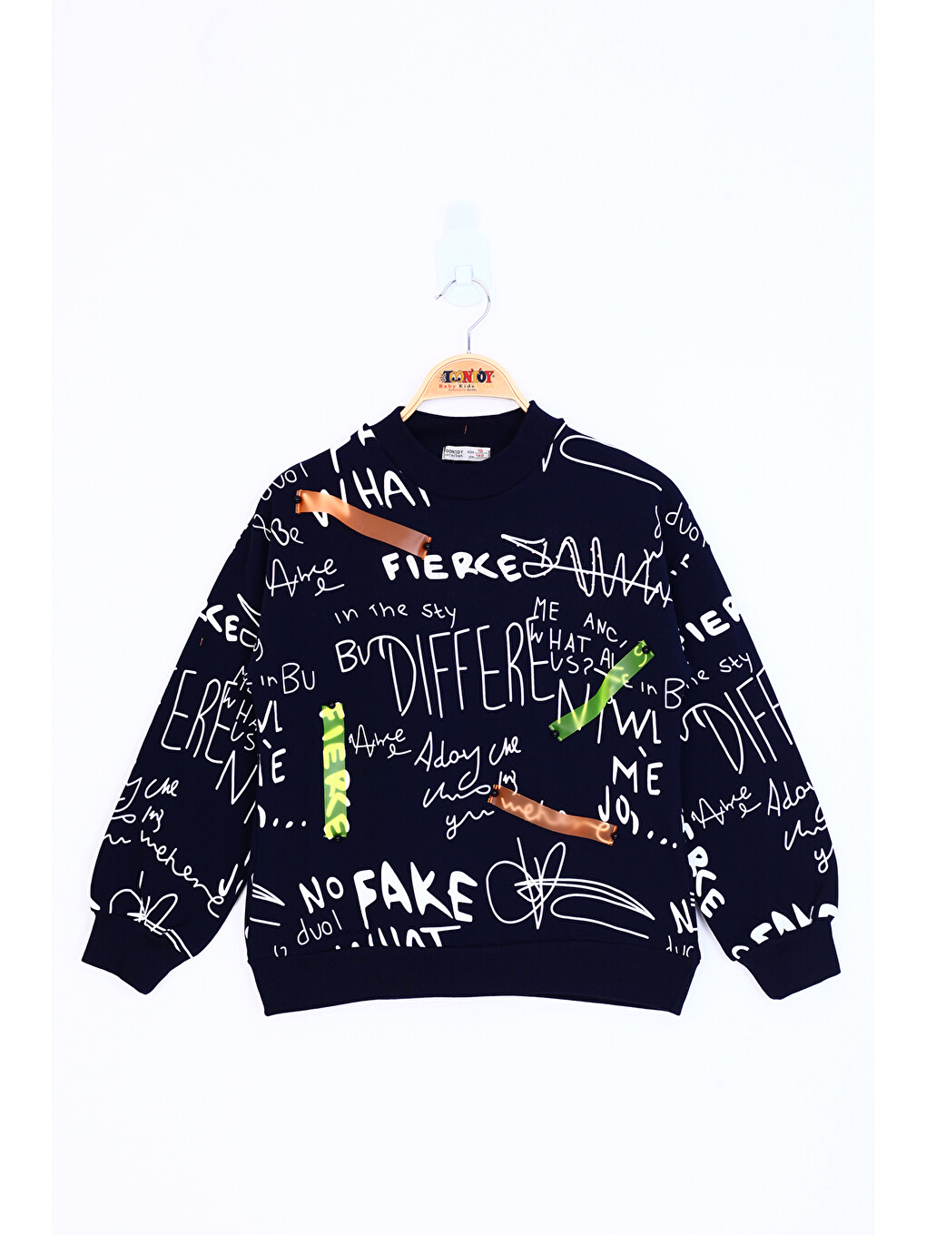 Lacivert Kız Çocuk Neon Şerit Detaylı Baskılı Sweatshirt