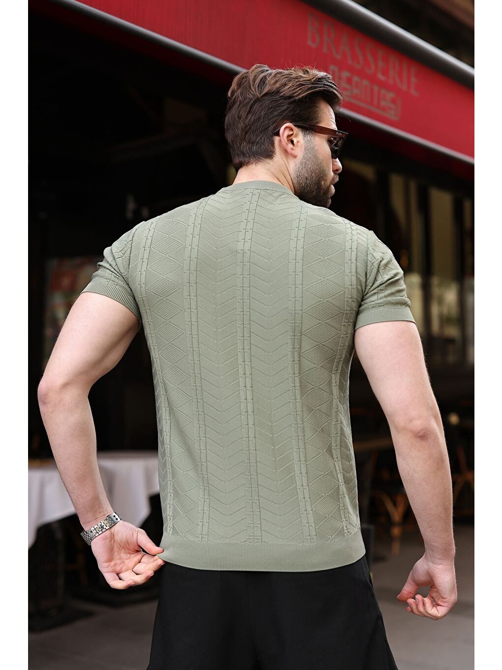 Haki Bisiklet Yaka Slim Fit Triko Erkek Tişört E7466-2