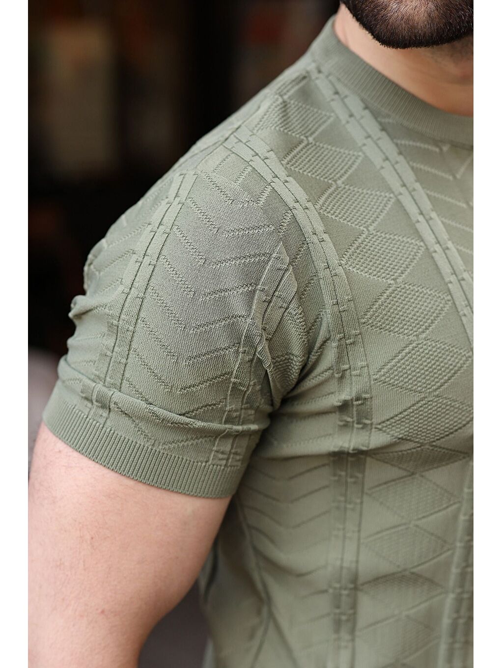 Haki Bisiklet Yaka Slim Fit Triko Erkek Tişört E7466-3