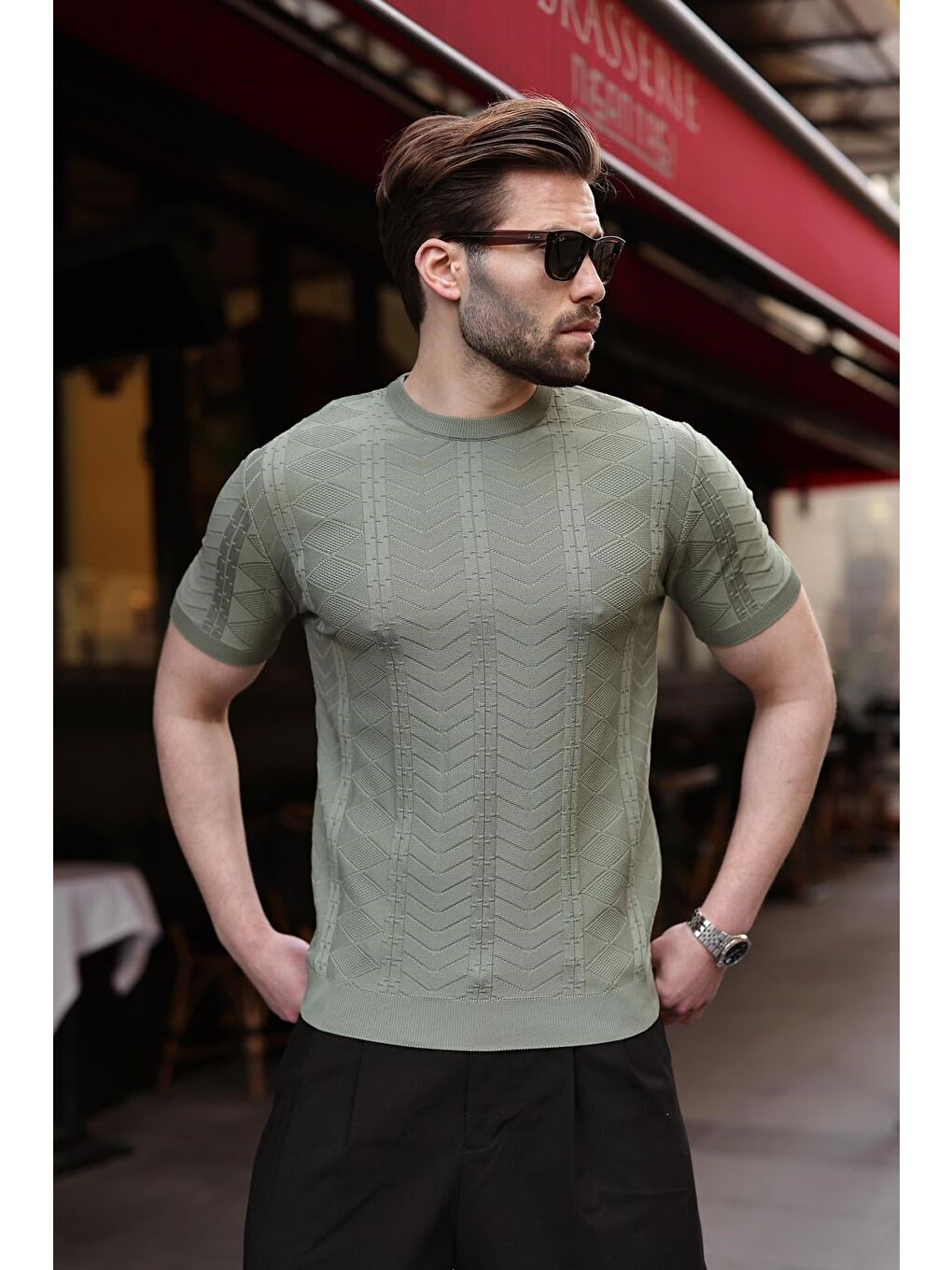 Haki Bisiklet Yaka Slim Fit Triko Erkek Tişört E7466-4