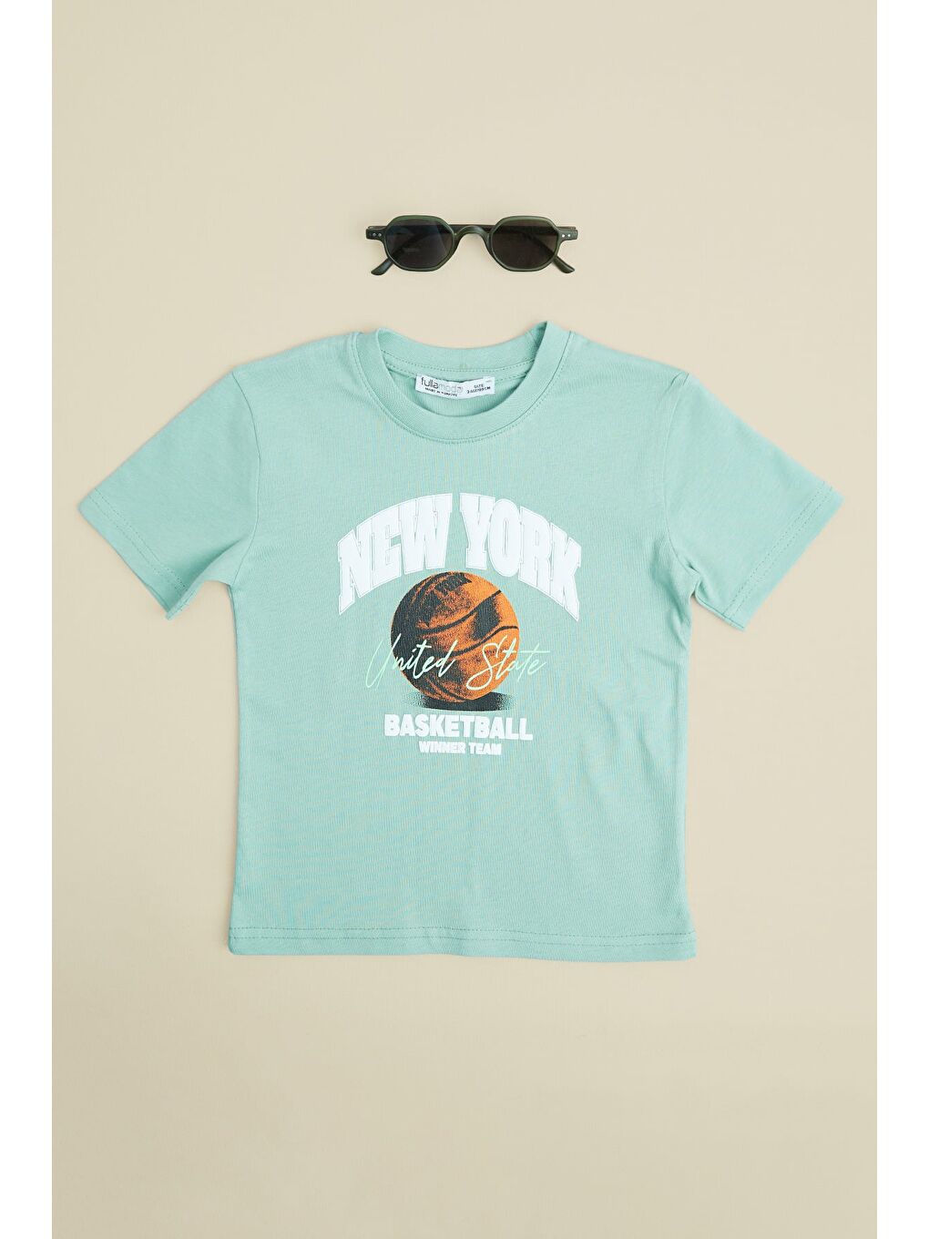 Yeşil Basketbaal Baskılı Bisiklet Yaka Erkek Çocuk Tişört