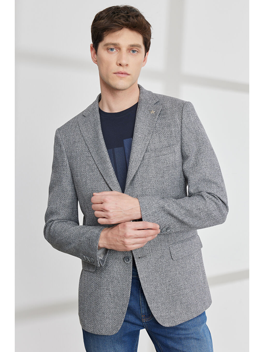 Erkek Gri Slim Fit Dar Kesim Mono Yaka Armürlü Ceket-1