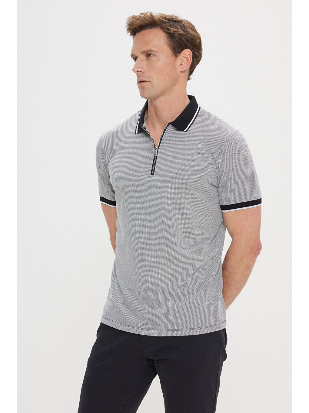 Erkek Siyah-Beyaz Slim Fit Dar Kesim Pamuklu Desenli Polo Yaka Tişört-2