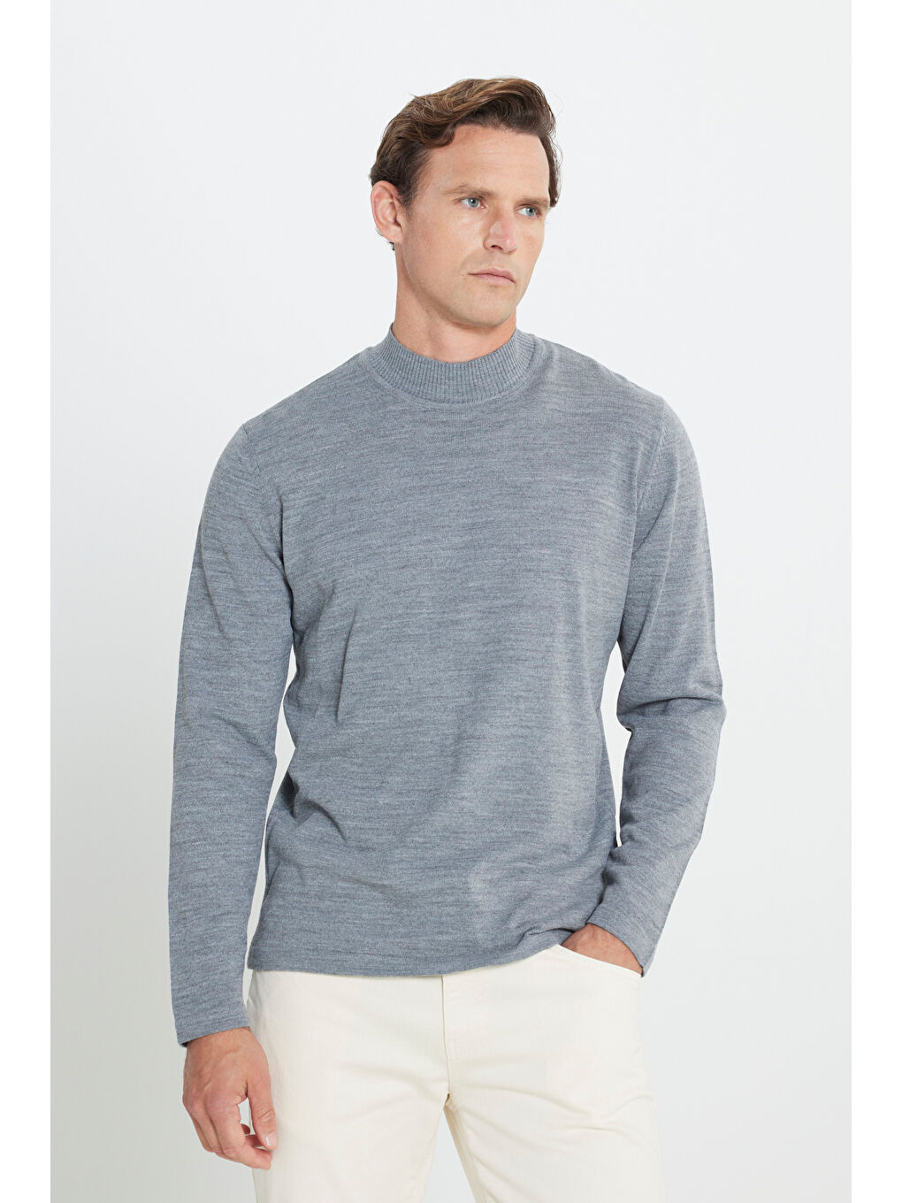 Erkek Gri Melanj Tüylenme Yapmayan Anti-Pilling Standart Fit Yarım Balıkçı Yaka Triko Kazak