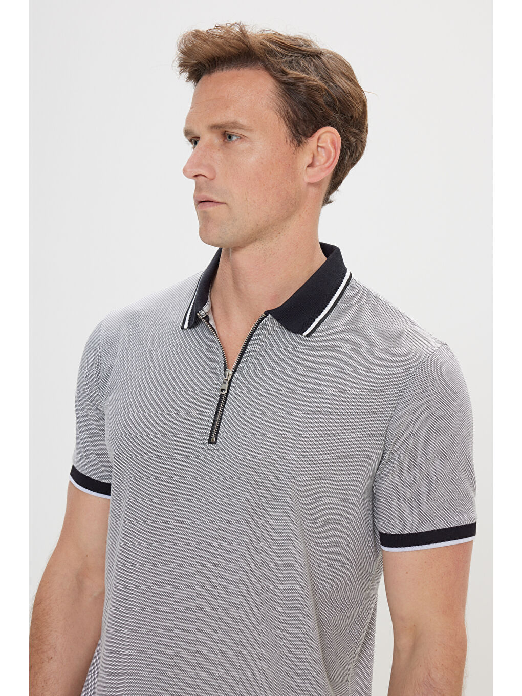 Erkek Siyah-Beyaz Slim Fit Dar Kesim Pamuklu Desenli Polo Yaka Tişört-3