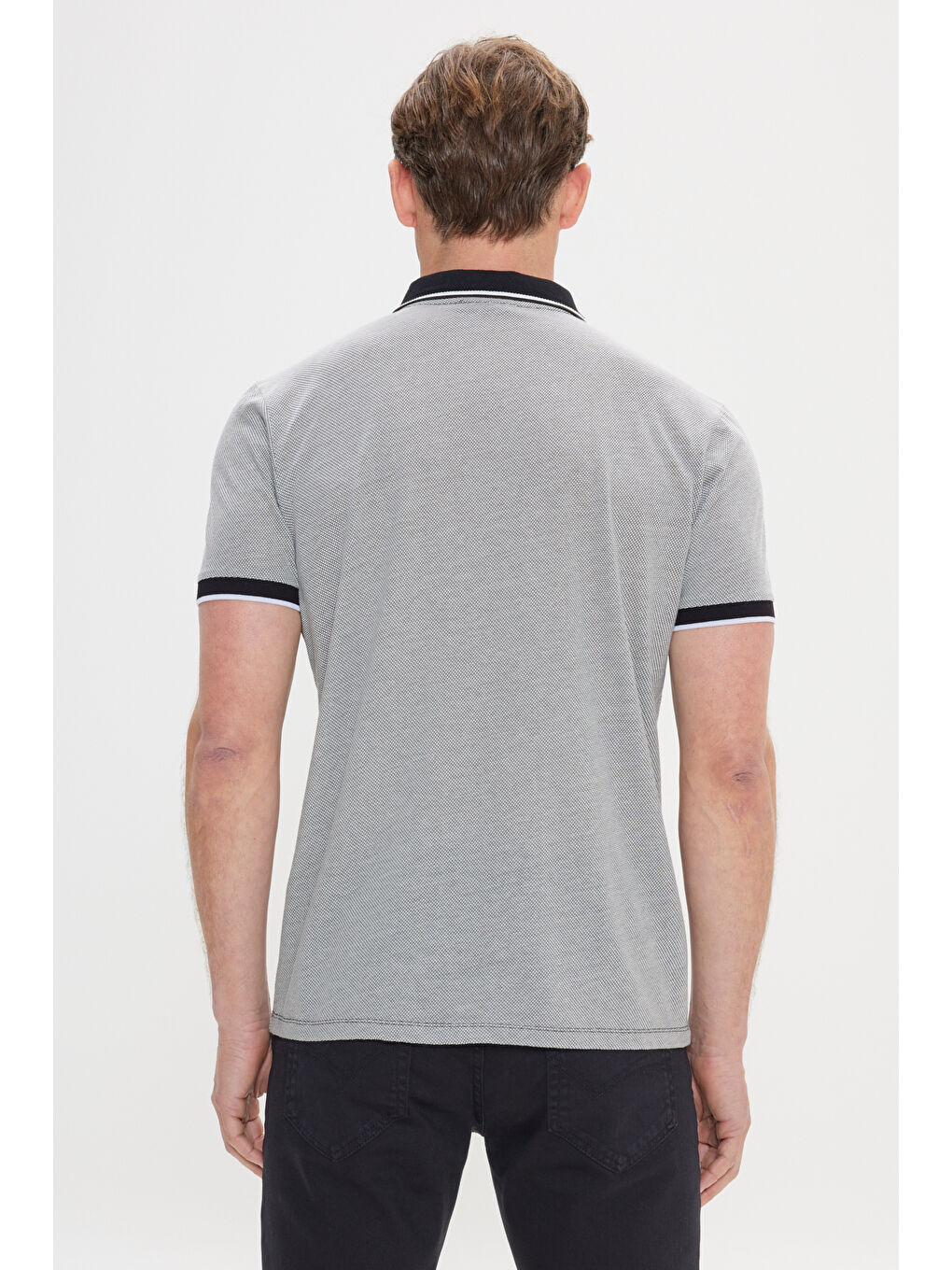 Erkek Siyah-Beyaz Slim Fit Dar Kesim Pamuklu Desenli Polo Yaka Tişört-4