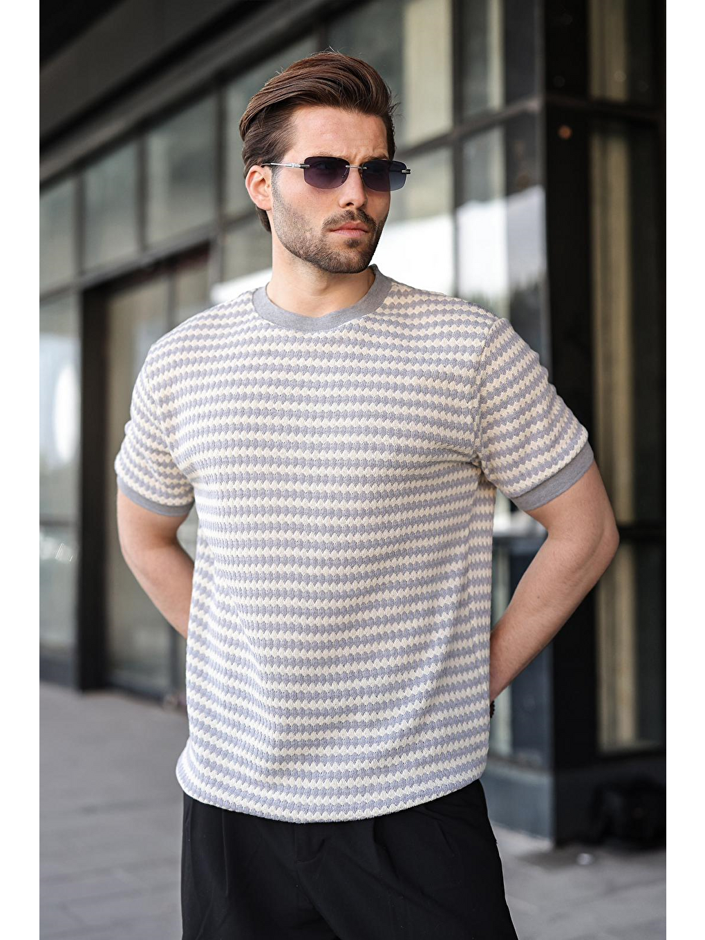 Boyalı Gri Jakarlı Bisiklet Yaka Erkek Tişört E7181-1