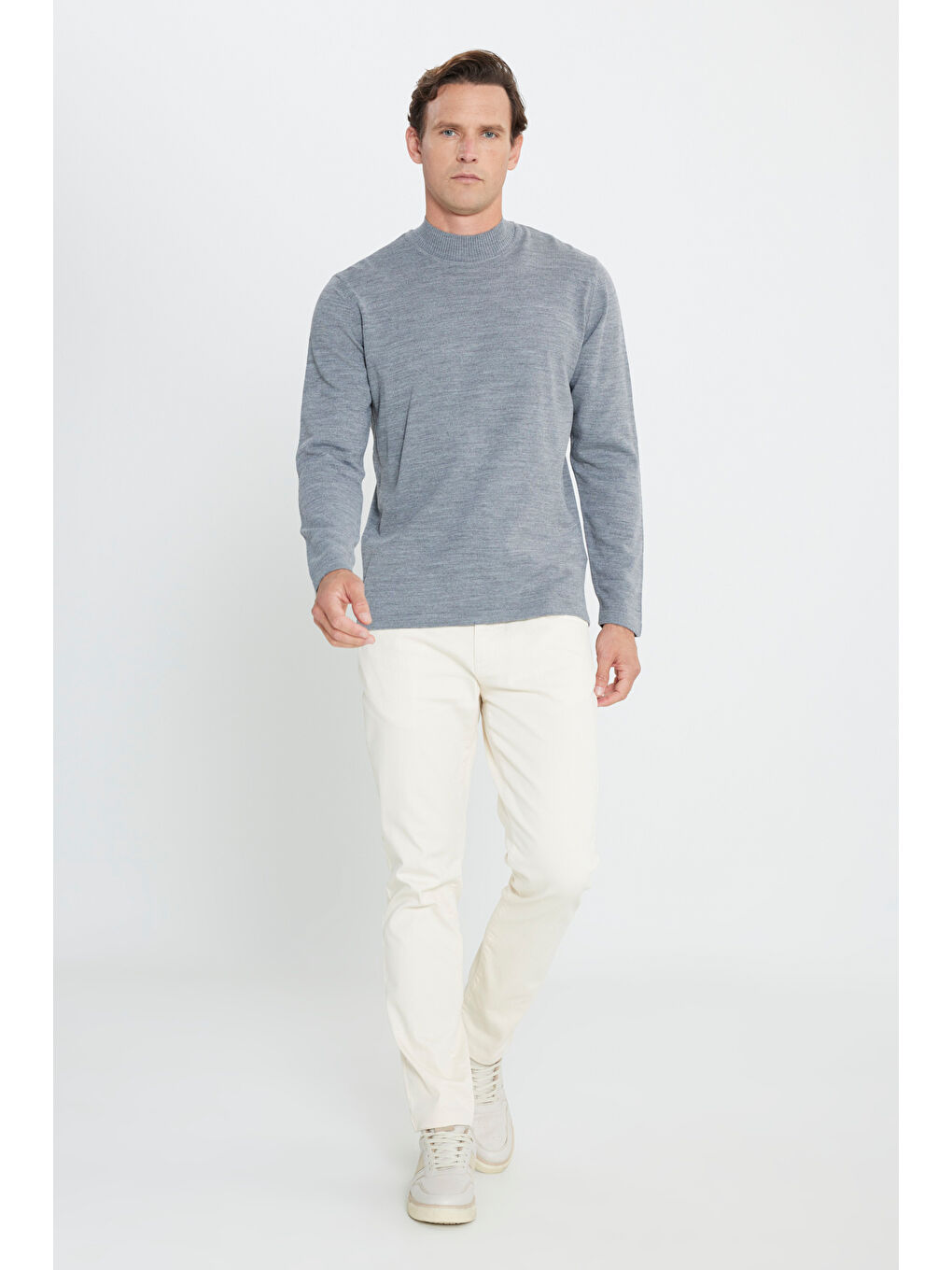 Erkek Gri Melanj Tüylenme Yapmayan Anti-Pilling Standart Fit Yarım Balıkçı Yaka Triko Kazak-1