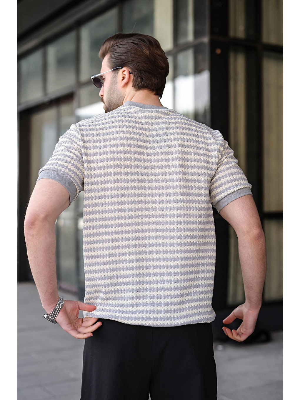 Boyalı Gri Jakarlı Bisiklet Yaka Erkek Tişört E7181-3