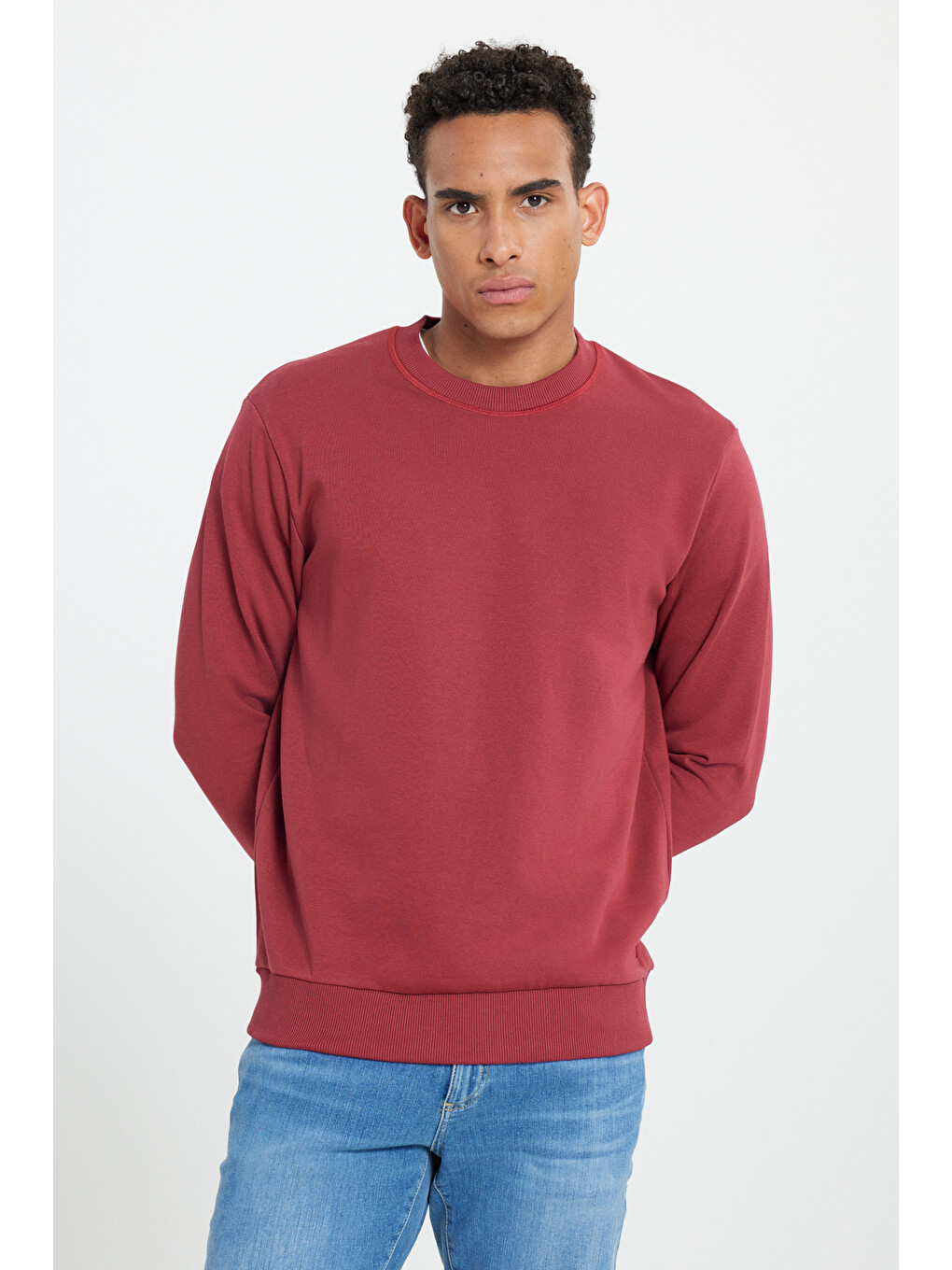 Erkek Bordo Standart Fit Normal Kesim Bisiklet Yaka Pamuklu Sweatshirt