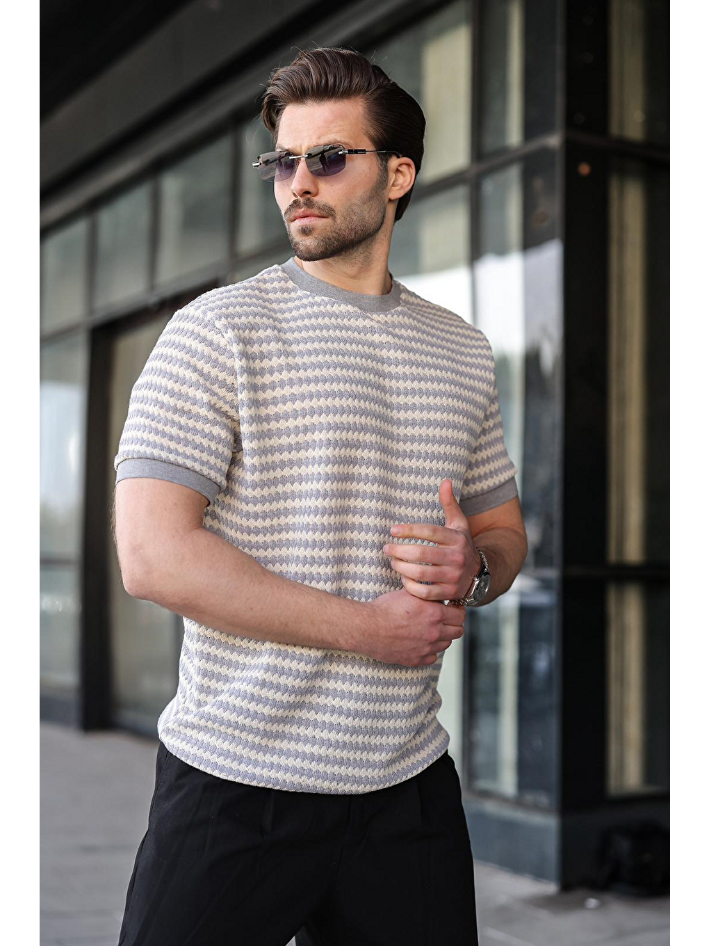 Boyalı Gri Jakarlı Bisiklet Yaka Erkek Tişört E7181-4