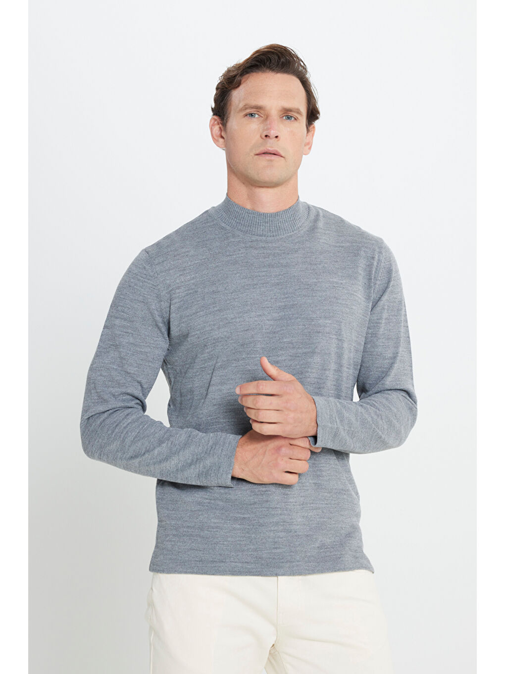 Erkek Gri Melanj Tüylenme Yapmayan Anti-Pilling Standart Fit Yarım Balıkçı Yaka Triko Kazak-2