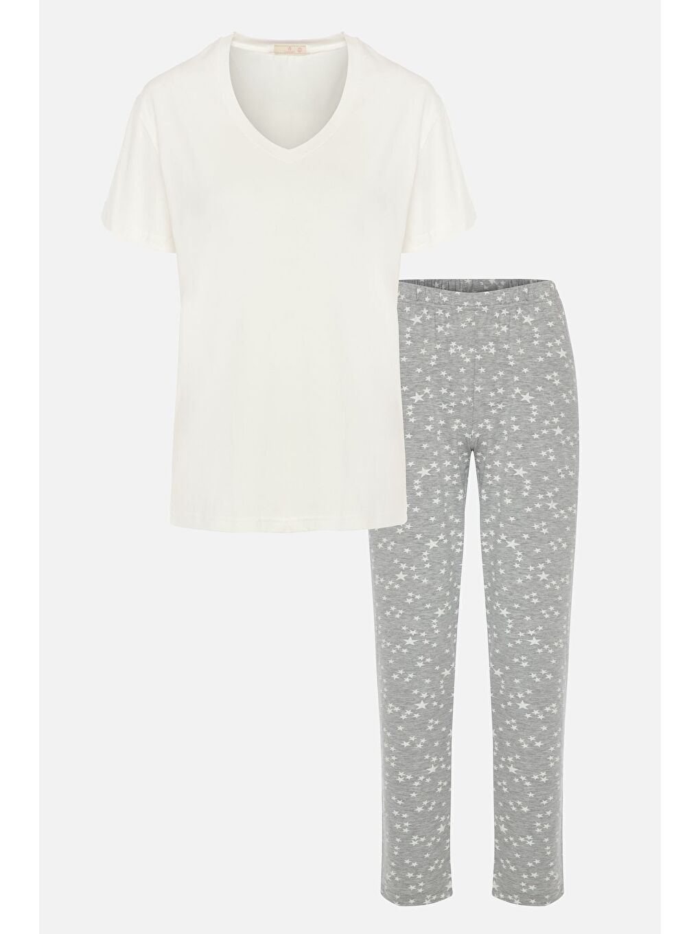 Ekru Kadın V Yaka Kısa Kollu Yıldız Desenli Pijama Takımı