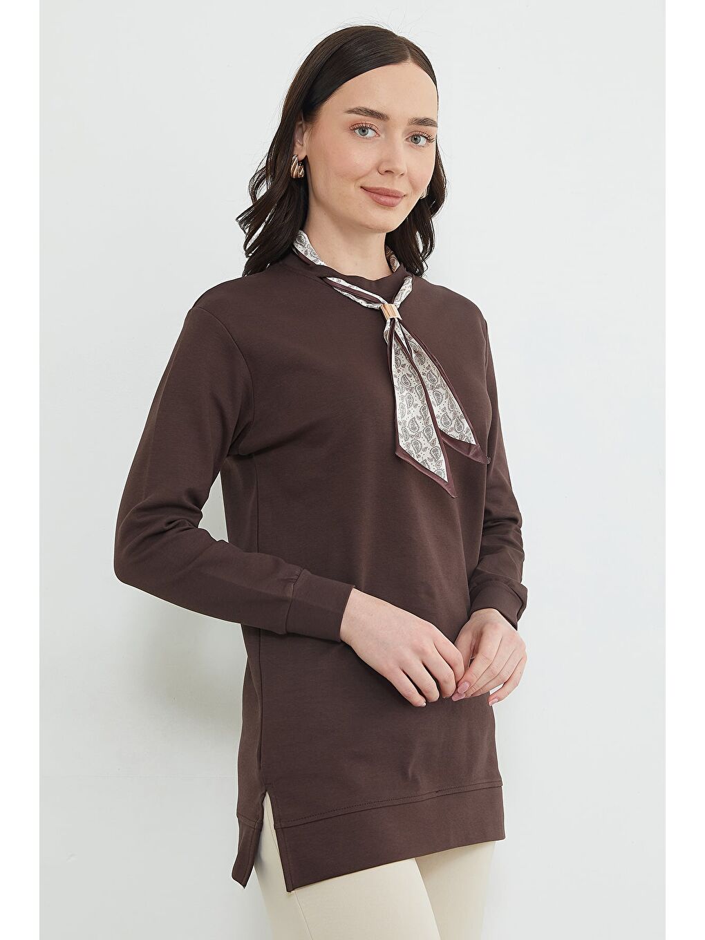 Kahverengi Fullamodest Fular Detaylı Bisiklet Yaka Tunik-4