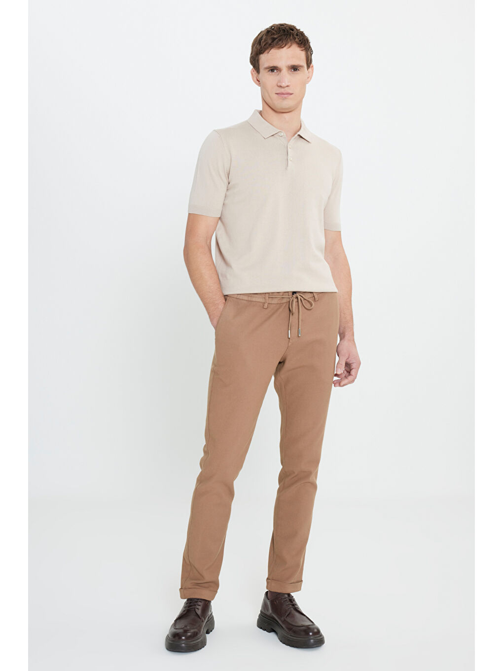 Erkek Bej Standart Fit Normal Kesim %100 Pamuk Polo Yaka Triko Tişört-1